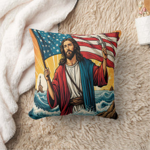 Jesus with American flag by sunset sea Throw Pillow