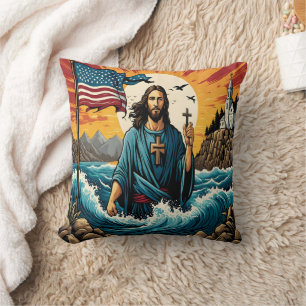 Jesus with cross at sunset waves/mountains throw pillow