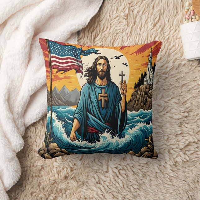 Jesus with cross at sunset waves/mountains throw pillow (Blanket)