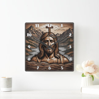 Jesus With Cross Overlooking Mountain Landscape Square Wall Clock