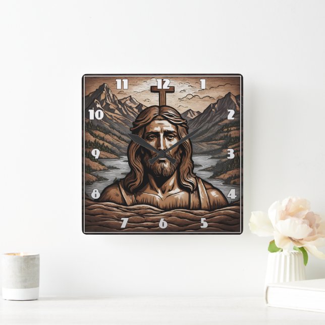 Jesus With Cross Overlooking Mountain Landscape Square Wall Clock (Home)