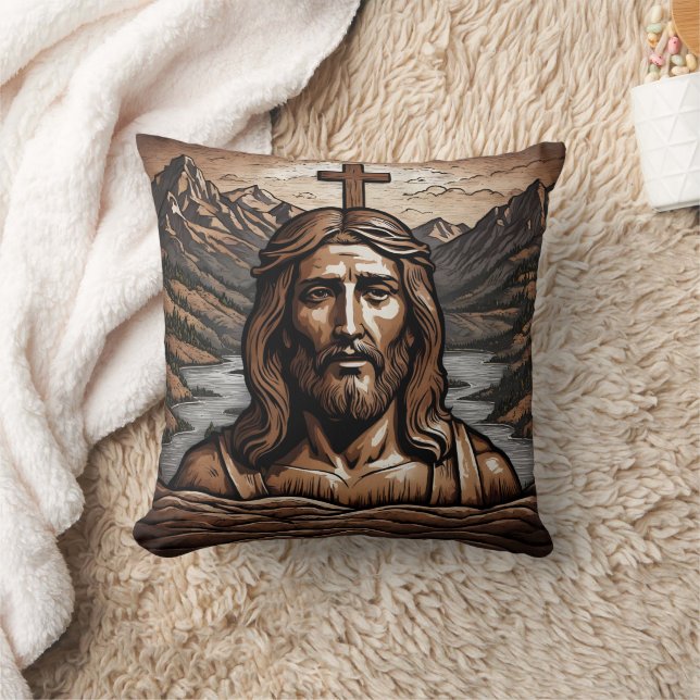 Jesus With Cross Overlooking Mountain Landscape Throw Pillow (Blanket)