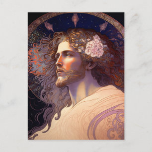 Jesus with Flowers in hair by Mucha AI Generated  Postcard