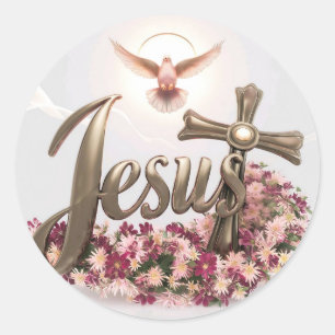 Jesus with holy dove and cross #1 classic round sticker