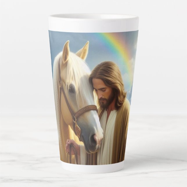 Jesus with Palomino Horse in Scenic Landscape Latte Mug (Front)