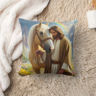 Jesus with Palomino Horse in Scenic Landscape  Throw Pillow