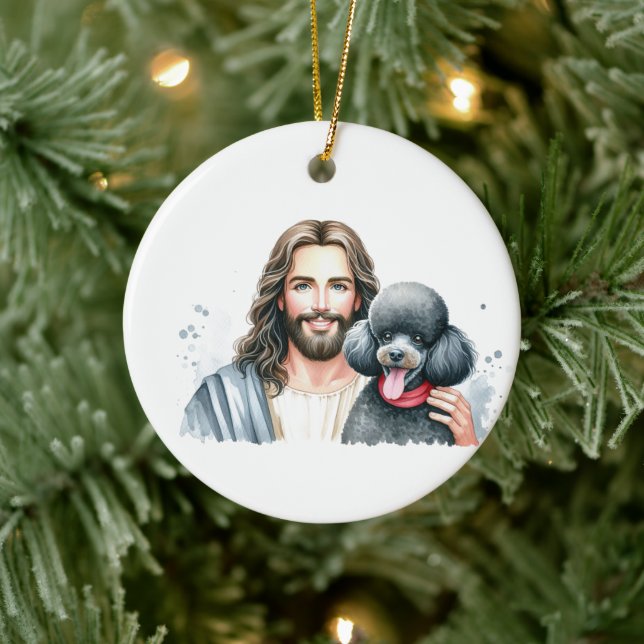 Jesus with Poodle= 1st Christmas in heaven Ceramic Ornament (Tree)