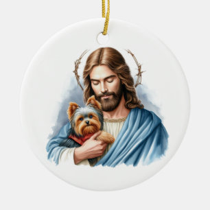Jesus with Yorkie 1st Christmas in heaven Ceramic Ornament