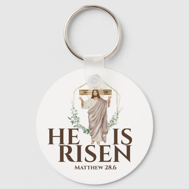 Jesus wooden cross Easter He Is Risen catholic Keychain (Front)