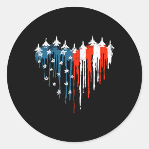 Jet Airplane Heart Red White Blue American Flag 4t Classic Round Sticker