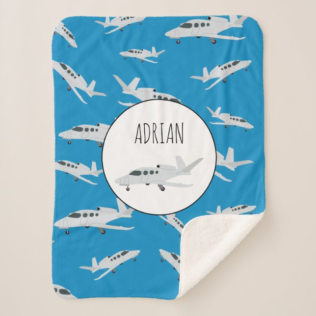 Jet Airplane Pattern Custom Name Sherpa Blanket (Front)