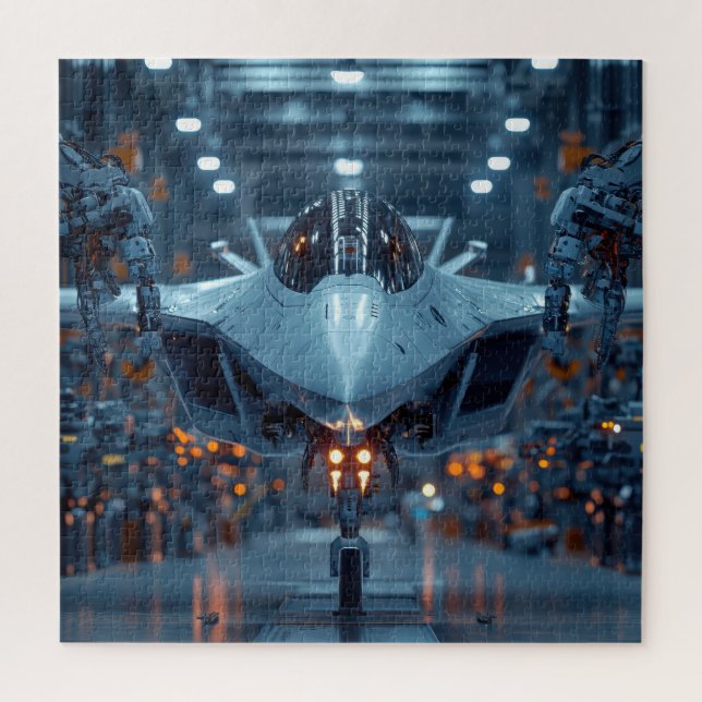 Jet furtif dans un hangar robotique - Puzzle Sci-F (Vertical)