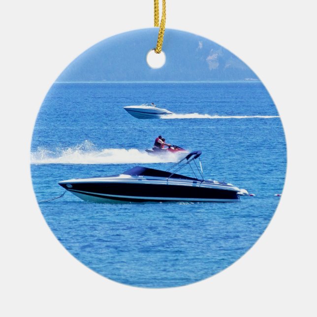 Jet Ski And Boats In The Ocean Ceramic Ornament (Front)