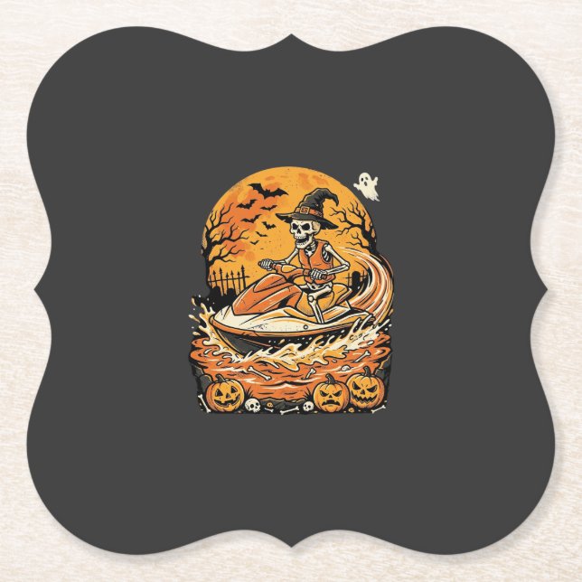 Jet Ski Halloween Skeleton Witch Pumpkin Design_1 Paper Coaster (Front)