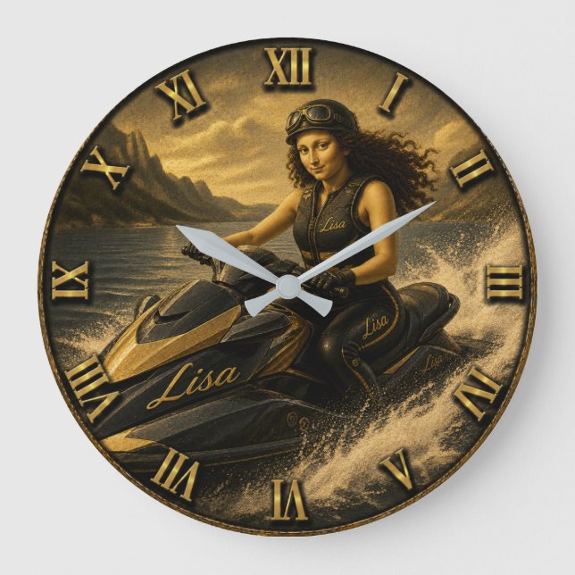 Jet Ski Rider Funny Mona Lisa Large Clock (Front)