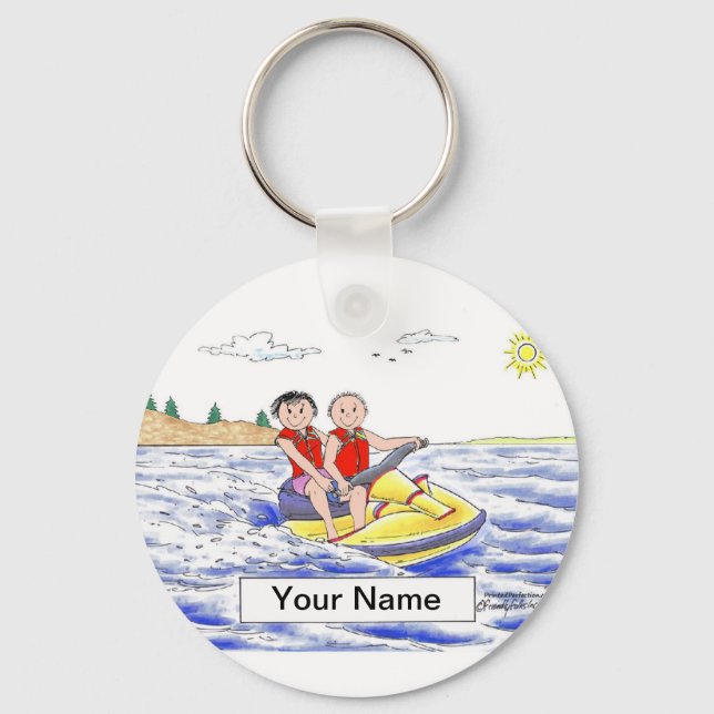 Jet Ski Riding Couple Cartoon by PrintedPerfection Keychain (Front)