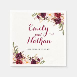 Jetable Serviette de mariage florale rouge Bourgogne pour