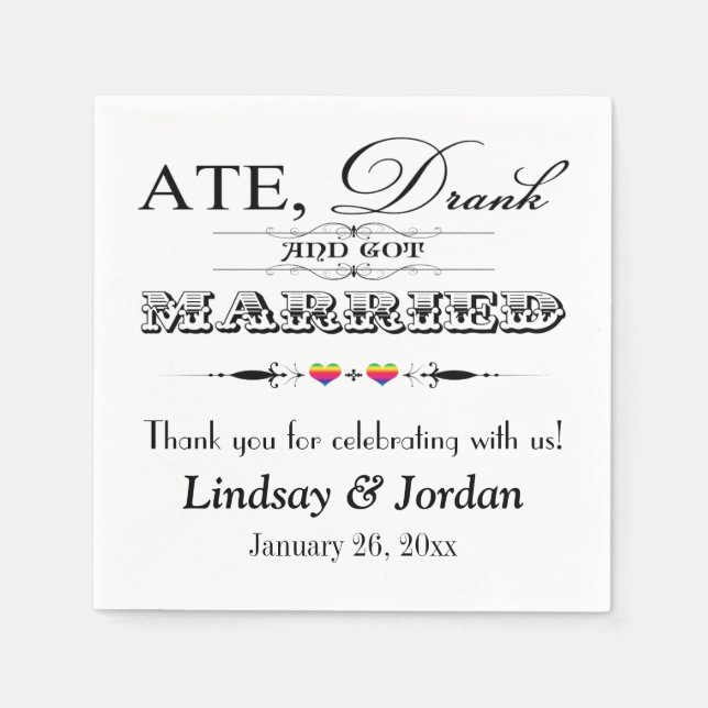 Jetables Arc-en-ciel Coeurs et rouleaux Mariage serviettes (Devant)