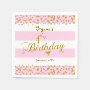 Jetables Serviettes de fête pour 1ER ANNIVERSAIRE Rose Blan