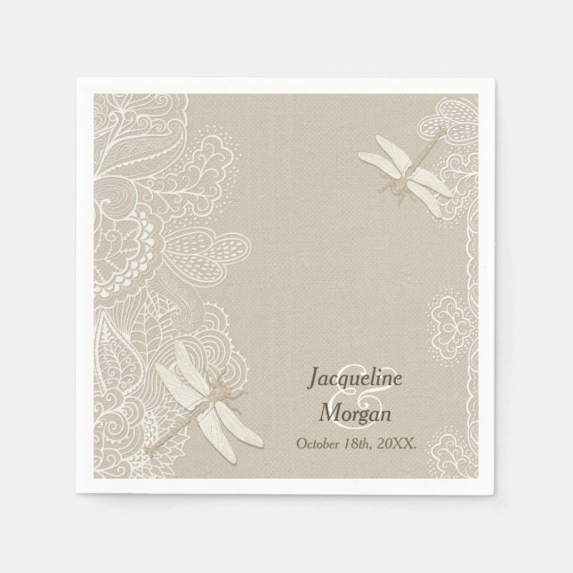Jetables Serviettes de Mariage rustique Burlap et dentelle (Devant)