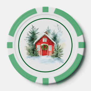 Jetons de poker pour cottage enneigé à l'aquarelle