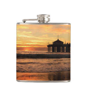 Jetty Over Ocean Beach Sunset Hip Flask