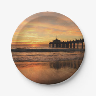 Jetty Over Ocean Beach Sunset Paper Plate