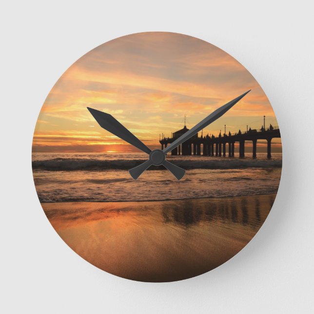 Jetty Over Ocean Beach Sunset Round Clock (Front)