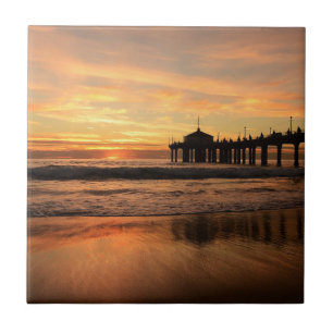 Jetty Over Ocean Beach Sunset Tile