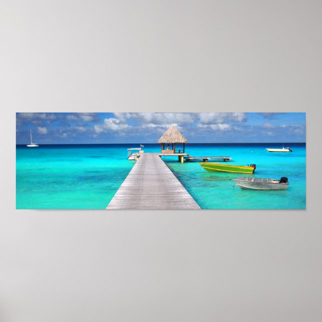 Jetty with boats in a tropical lagoon poster (Front)