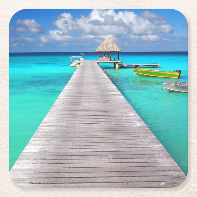 Jetty with boats in a tropical lagoon square paper coaster (Front)
