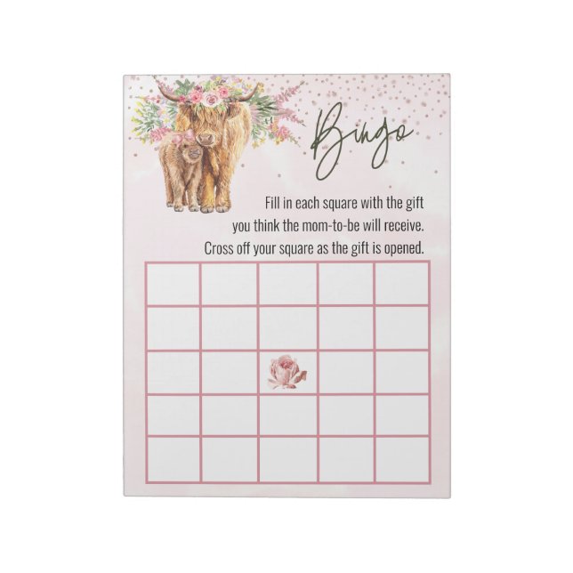 Jeu de bingo et bloc-notes pour Baby Shower Vache  (Tourné)
