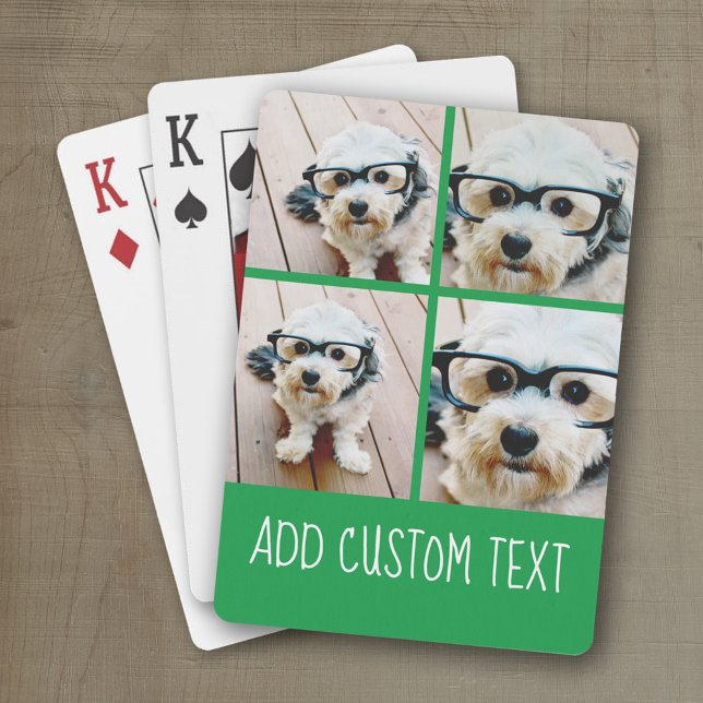Jeu De Cartes 4 Photo Collage - texte funky peut changer vert (Personalized playing cards with photos and an area for text such as a name or monogram)