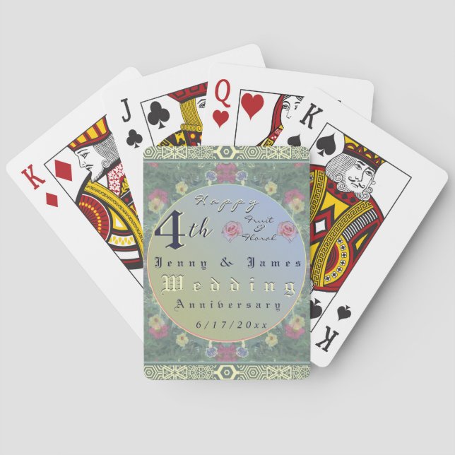 Jeu De Cartes 4e année Mariage Anniversaire Vert&Bleu Fleur (dos)