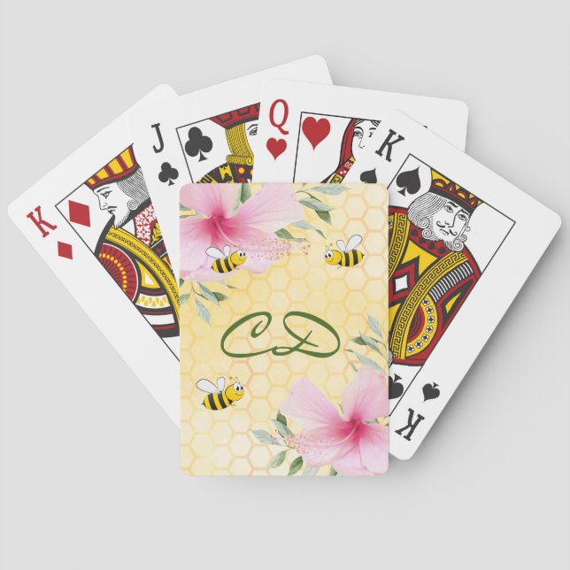 Jeu De Cartes Abeilles bourdon jaunes monogramme floral en nid d (dos)