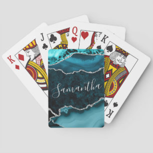 Jeu De Cartes Agate Marbrée Fausse Argent et Sarcelle