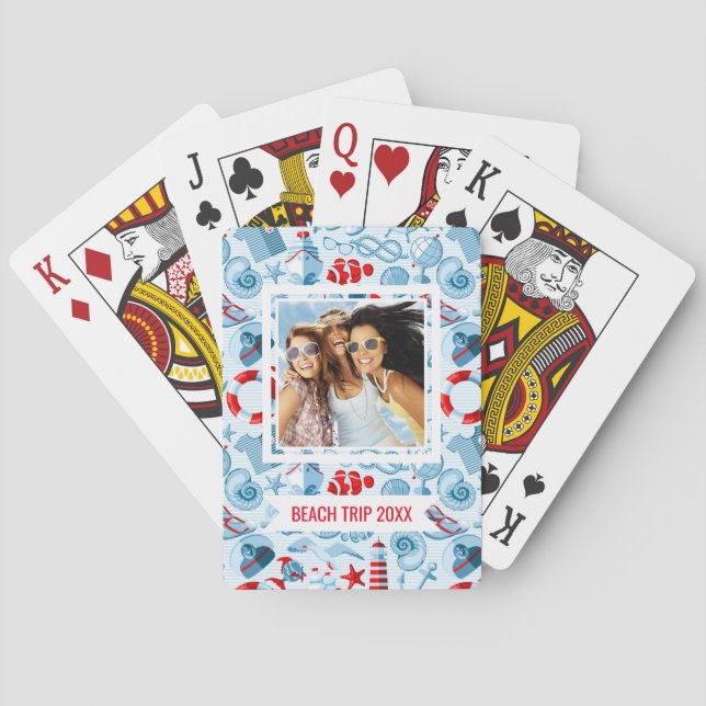 Jeu De Cartes Ajoutez votre nom | Blanc Et Bleu Rouge Nautique (dos)