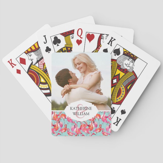Jeu De Cartes Ajoutez votre nom | Flamants roses aquarelles rass (dos)