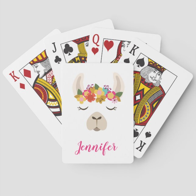 Jeu De Cartes Ajoutez votre nom | Motif Alpaca & Fleurs (dos)