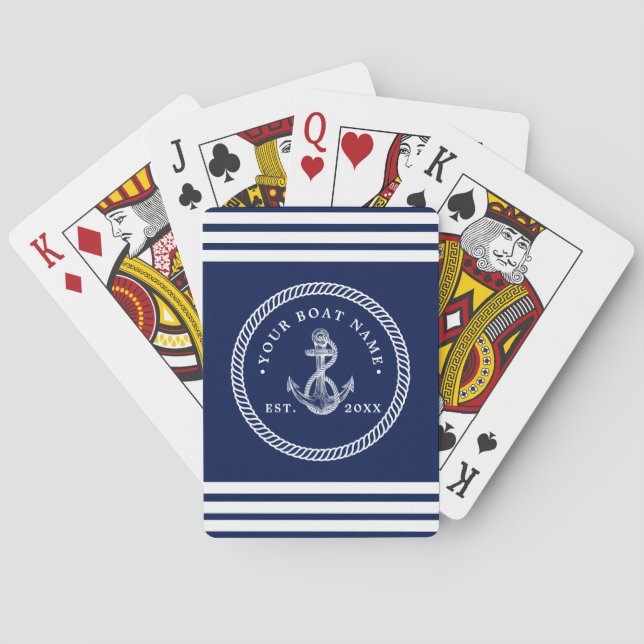 Jeu De Cartes Ancre nautique et corde Nom du bateau Marine Bleu  (dos)