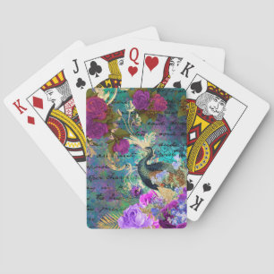 Jeu De Cartes Antique Paon et Fleurs Illustrés Grunge