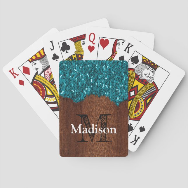 Jeu De Cartes Aqua bleu étincelle bois brun rustique Monogramme (dos)