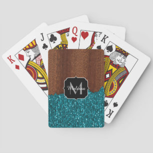 Jeu De Cartes Aqua bleu étincelle bois brun rustique Monogramme