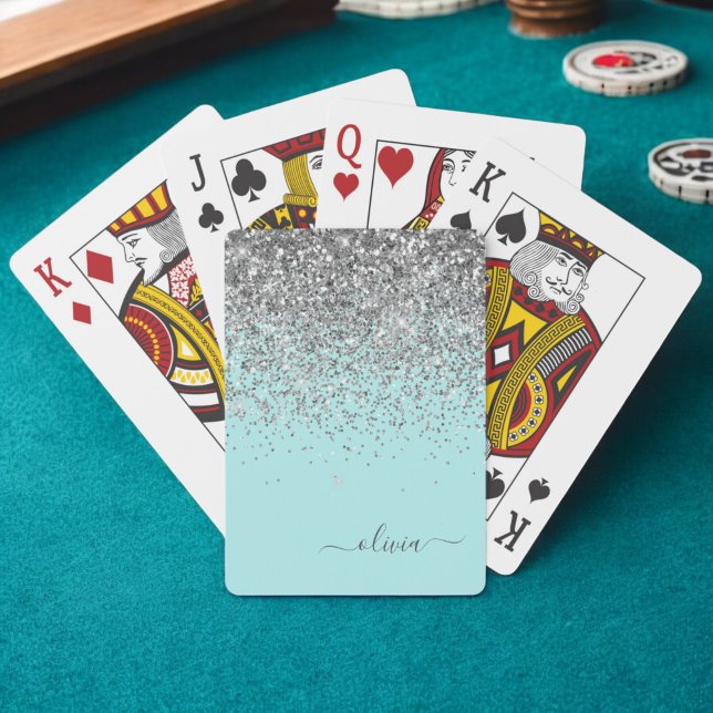 Jeu De Cartes Aqua Bleu Turquoise Argent Pailleté Monogramme (Créateur téléchargé)