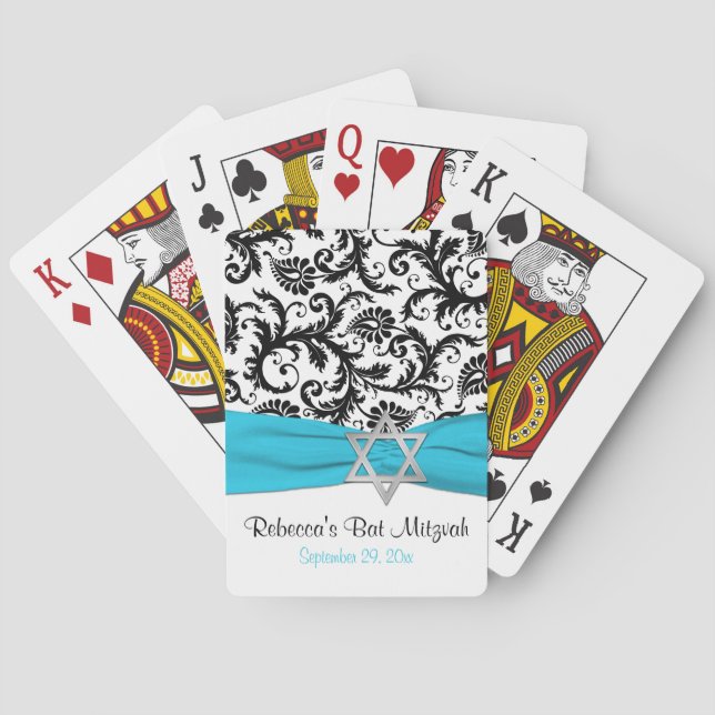 Jeu De Cartes Aqua White Black Damask Bat mitzvah Jouer des cart (dos)