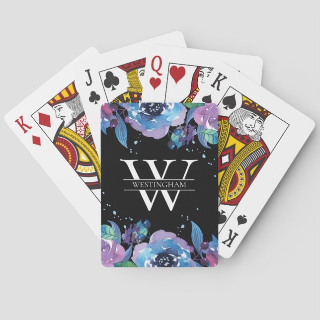Jeu De Cartes Aquarelle bleu et violet Nom du monogramme floral (dos)