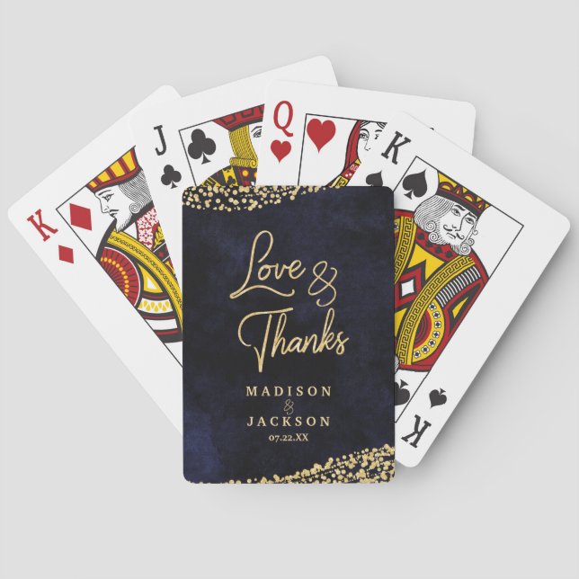 Jeu De Cartes Aquarelle bleu marine & Gold Confetti Mariage Fave (dos)