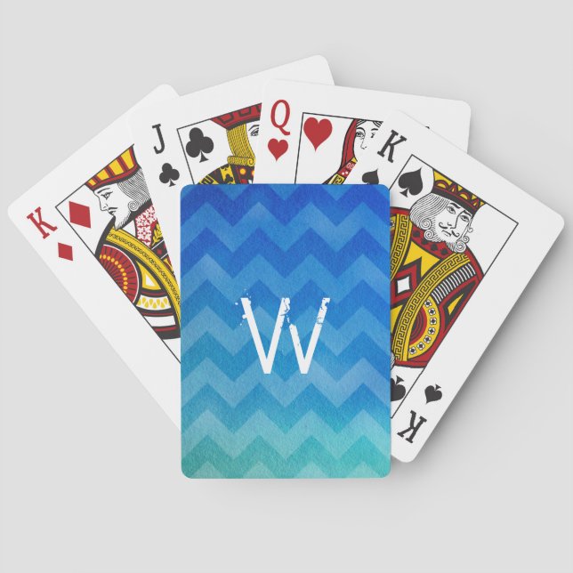 Jeu De Cartes Aquarelle bleu monogramme Ombre Zigzag (dos)