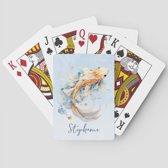 Jeu De Cartes Aquarelle bleu or Koi poisson personnalisé (dos)