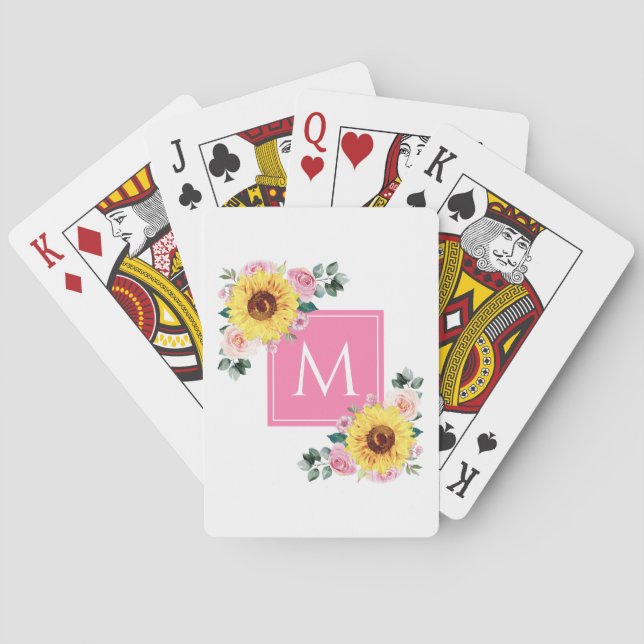 Jeu De Cartes Aquarelle botanique rose tournesol Monogramme (dos)